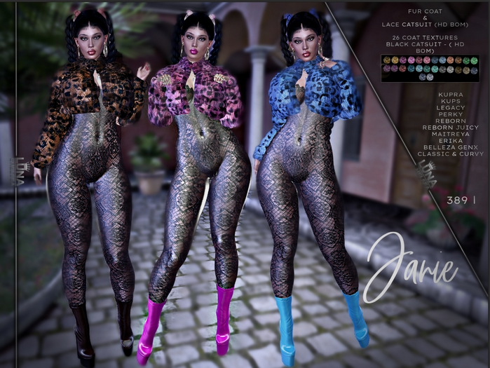 Second Life Marketplace Janie Leopard Fur Coat & Lace Catsuit set